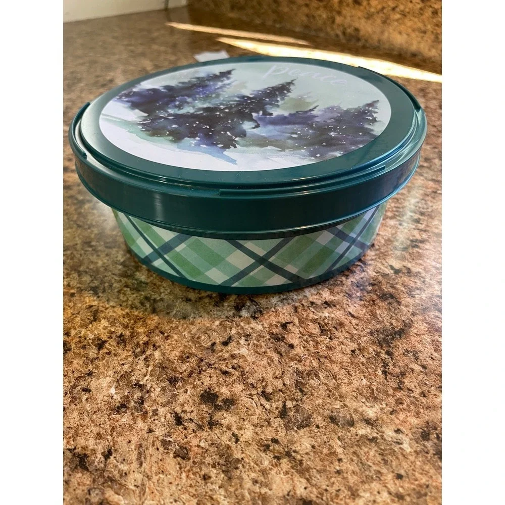 Round Container Christmas Winter Trees Peace Design Green‎ Plaid Storage Box